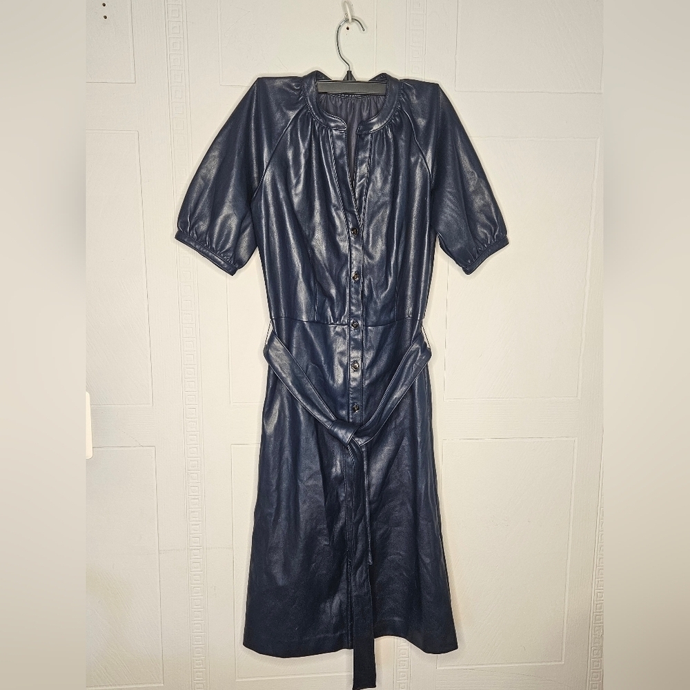 Ann Taylor Faux Leather Navy Shirt Dress Short Sleeve Midi Sz 0 Petite NWT - Picture 2 of 13